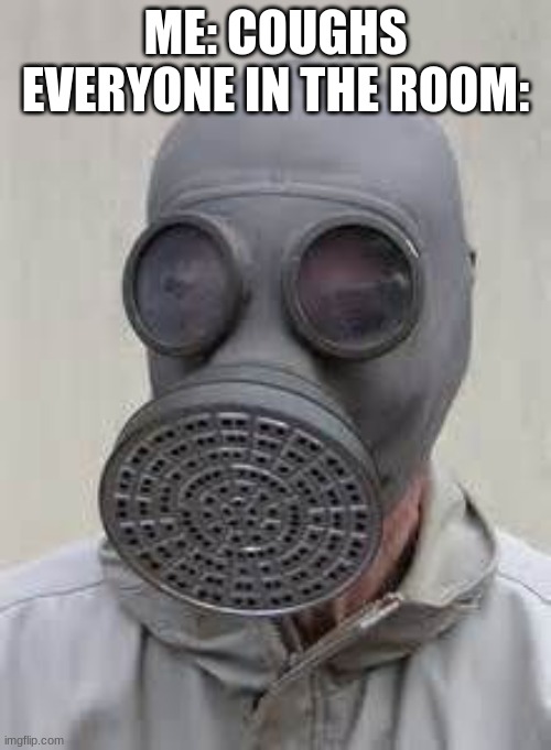 this actually happened | ME: COUGHS
EVERYONE IN THE ROOM: | image tagged in gas mask | made w/ Imgflip meme maker