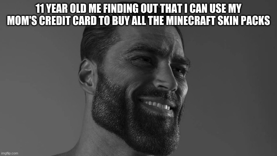 Gigachad | 11 YEAR OLD ME FINDING OUT THAT I CAN USE MY MOM'S CREDIT CARD TO BUY ALL THE MINECRAFT SKIN PACKS | image tagged in gigachad | made w/ Imgflip meme maker