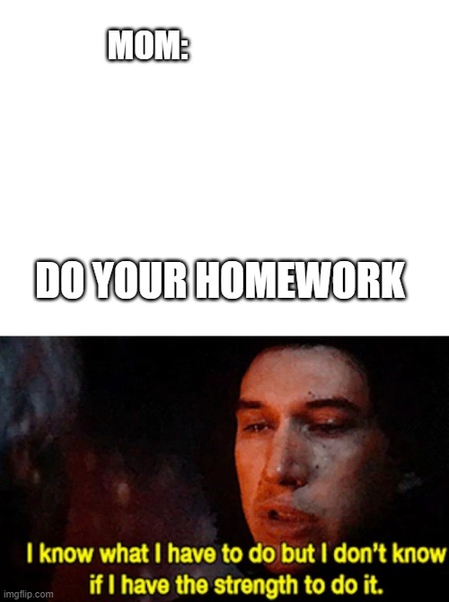 lol | MOM:; DO YOUR HOMEWORK | image tagged in blank white template,i know what i have to do but i don t know if i have the strength | made w/ Imgflip meme maker