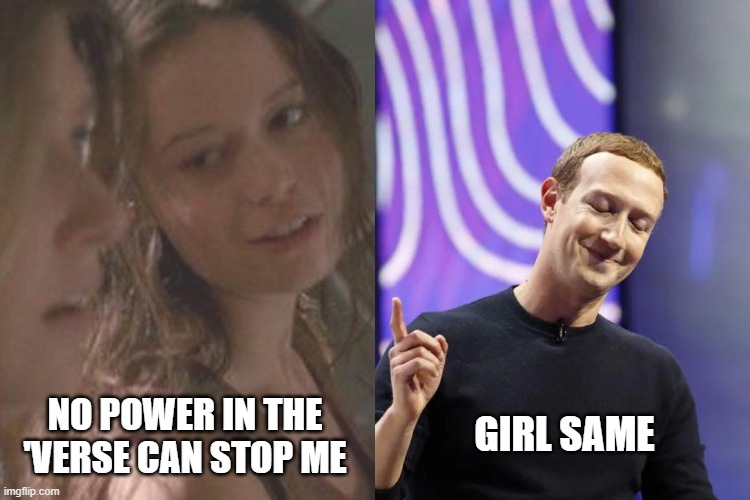 Metaverse | NO POWER IN THE 'VERSE CAN STOP ME; GIRL SAME | image tagged in meta,metaverse,mark zuckerberg,facebook | made w/ Imgflip meme maker