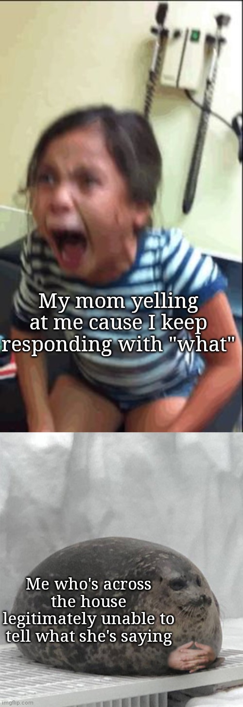 My mom yelling at me cause I keep responding with "what"; Me who's across the house legitimately unable to tell what she's saying | image tagged in screaming girl,seal waiting | made w/ Imgflip meme maker