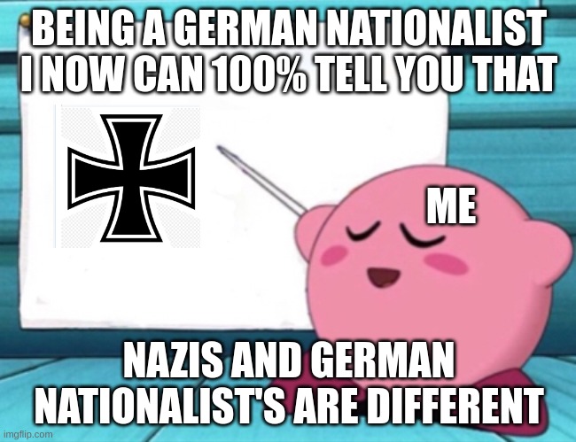 Kirby's lesson | BEING A GERMAN NATIONALIST I NOW CAN 100% TELL YOU THAT; ME; NAZIS AND GERMAN NATIONALIST'S ARE DIFFERENT | image tagged in kirby's lesson | made w/ Imgflip meme maker