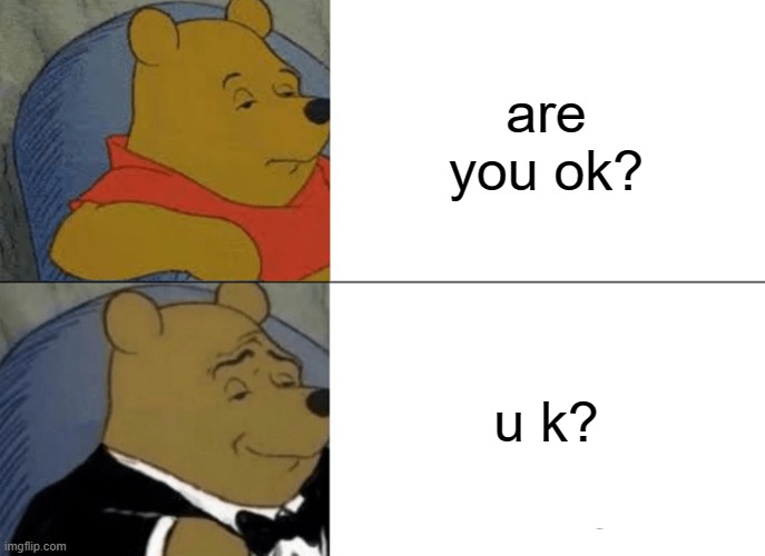 u k? | are you ok? u k? | image tagged in memes,tuxedo winnie the pooh | made w/ Imgflip meme maker