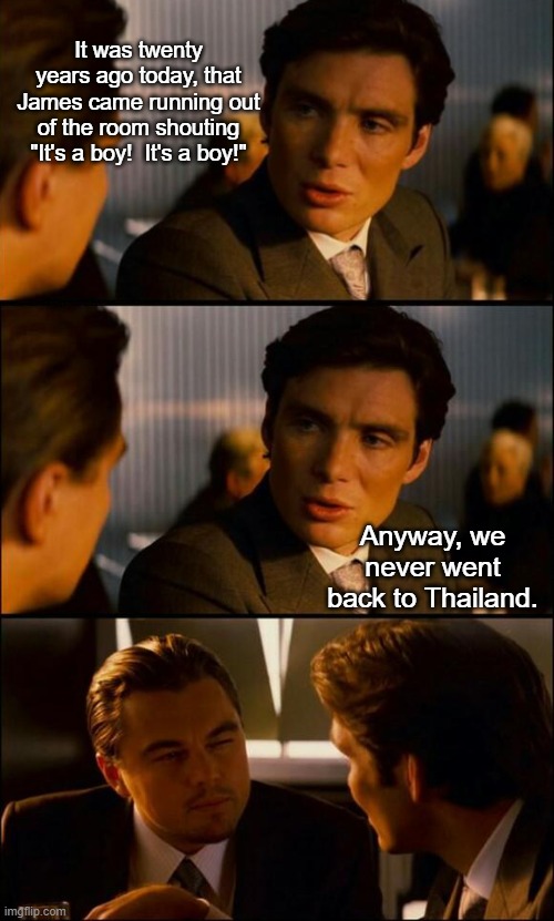 Di Caprio Inception | It was twenty years ago today, that James came running out of the room shouting "It's a boy!  It's a boy!"; Anyway, we never went back to Thailand. | image tagged in di caprio inception | made w/ Imgflip meme maker