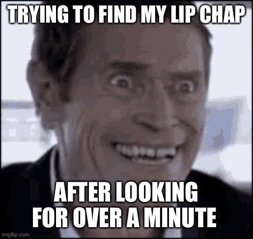 Frantic excited | TRYING TO FIND MY LIP CHAP; AFTER LOOKING FOR OVER A MINUTE | image tagged in frantic excited | made w/ Imgflip meme maker