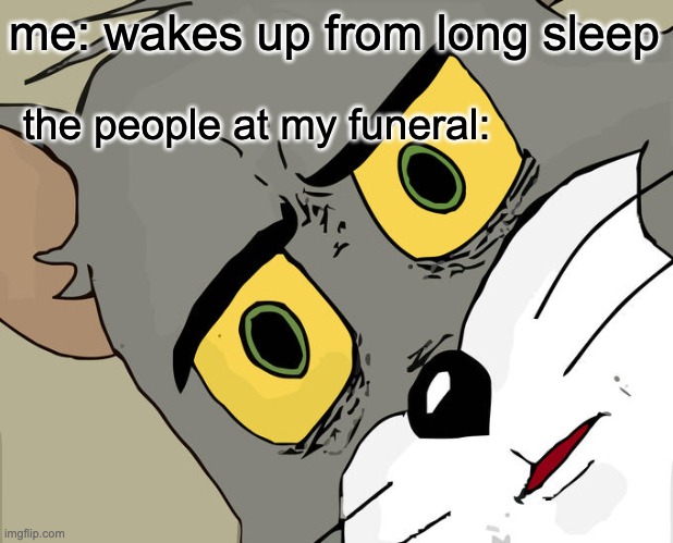 FIRST MEME!!! | me: wakes up from long sleep; the people at my funeral: | image tagged in memes,unsettled tom,funeral | made w/ Imgflip meme maker