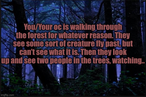 WDYD? |  You/Your oc is walking through the forest for whatever reason. They see some sort of creature fly past, but can’t see what it is. Then they look up and see two people in the trees, watching.. | image tagged in dark forest | made w/ Imgflip meme maker