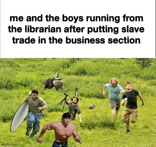 Gotta go fast now!!! | image tagged in gotta go fast,memes,slavery,running,funny memes,library | made w/ Imgflip meme maker