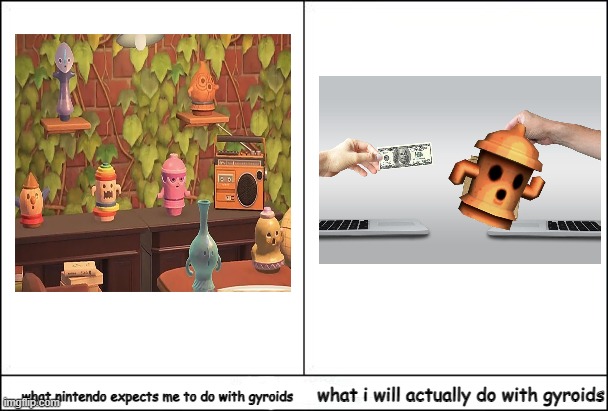 i always did that in new leaf | what nintendo expects me to do with gyroids; what i will actually do with gyroids | image tagged in totally looks like,animal crossing | made w/ Imgflip meme maker