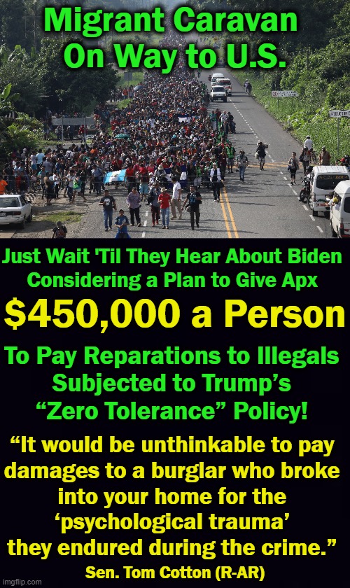 "If You Build it, They Will Come" -- Illegal Invasion (Democrat Style) | Migrant Caravan 
On Way to U.S. Just Wait 'Til They Hear About Biden 

Considering a Plan to Give Apx; $450,000 a Person; To Pay Reparations to Illegals 
Subjected to Trump’s 
“Zero Tolerance” Policy! “It would be unthinkable to pay 
damages to a burglar who broke 
into your home for the 
‘psychological trauma’ 
they endured during the crime.”; Sen. Tom Cotton (R-AR) | image tagged in politics,democratic socialism,destruction of america,illegal invasion,chaos,insanity | made w/ Imgflip meme maker