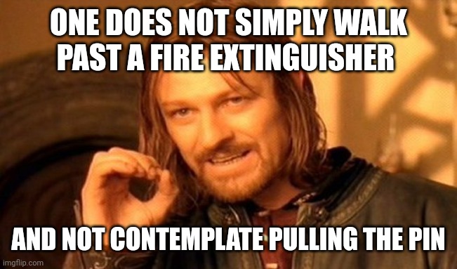 One Does Not Simply Meme | ONE DOES NOT SIMPLY WALK PAST A FIRE EXTINGUISHER; AND NOT CONTEMPLATE PULLING THE PIN | image tagged in memes,one does not simply | made w/ Imgflip meme maker