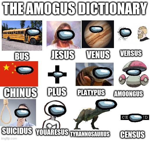 Amogus Dictionary 2 |  THE AMOGUS DICTIONARY; VERSUS; JESUS; VENUS; BUS; PLUS; CHINUS; PLATYPUS; AMOONGUS; SUICIDUS; YOUARESUS; CENSUS; TYRANNOSAURUS | image tagged in blank white template,amogus,dictionary,among us,jesus,sus | made w/ Imgflip meme maker