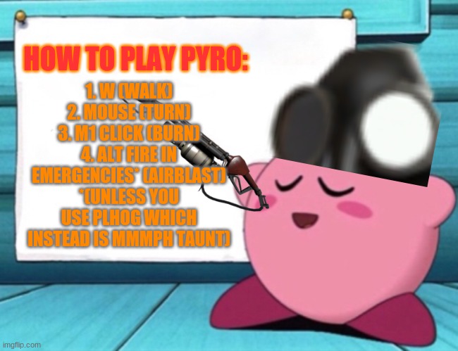 Kirby's lesson | HOW TO PLAY PYRO:; 1. W (WALK)
2. MOUSE (TURN)
3. M1 CLICK (BURN)
4. ALT FIRE IN EMERGENCIES* (AIRBLAST)
*(UNLESS YOU USE PLHOG WHICH INSTEAD IS MMMPH TAUNT) | image tagged in kirby's lesson | made w/ Imgflip meme maker