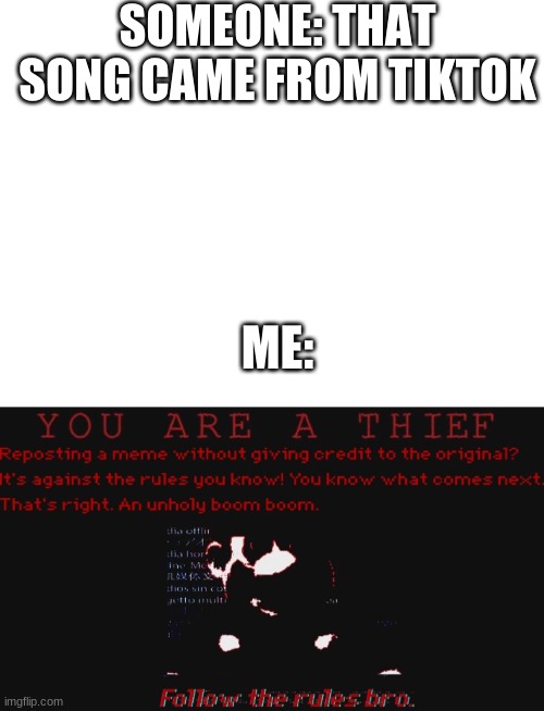 SOMEONE: THAT SONG CAME FROM TIKTOK; ME: | image tagged in blank white template,you are a thief | made w/ Imgflip meme maker