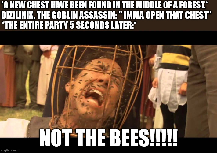 dizilinix and bees | *A NEW CHEST HAVE BEEN FOUND IN THE MIDDLE OF A FOREST.*; DIZILINIX, THE GOBLIN ASSASSIN: " IMMA OPEN THAT CHEST"; *THE ENTIRE PARTY 5 SECONDS LATER:*; NOT THE BEES!!!!! | image tagged in no the the bees | made w/ Imgflip meme maker