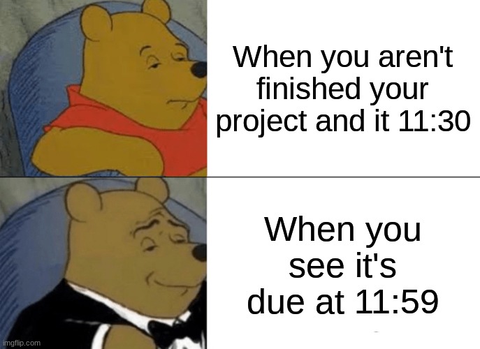 Tuxedo Winnie The Pooh Meme | When you aren't finished your project and it 11:30; When you see it's due at 11:59 | image tagged in memes,tuxedo winnie the pooh | made w/ Imgflip meme maker