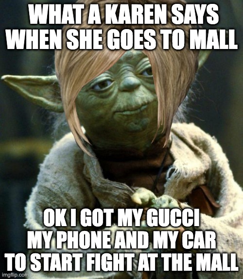 Shut  upppppp!!! stupid | WHAT A KAREN SAYS WHEN SHE GOES TO MALL; OK I GOT MY GUCCI MY PHONE AND MY CAR TO START FIGHT AT THE MALL | image tagged in crazy lady | made w/ Imgflip meme maker