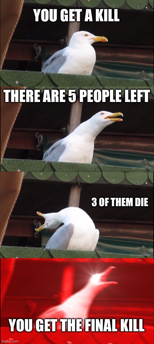 Inhaling Seagull | YOU GET A KILL; THERE ARE 5 PEOPLE LEFT; 3 OF THEM DIE; YOU GET THE FINAL KILL | image tagged in memes,inhaling seagull | made w/ Imgflip meme maker