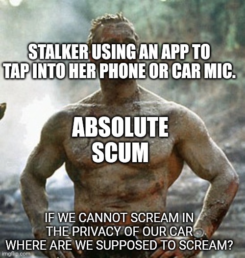 Predator Meme | STALKER USING AN APP TO TAP INTO HER PHONE OR CAR MIC. IF WE CANNOT SCREAM IN THE PRIVACY OF OUR CAR WHERE ARE WE SUPPOSED TO SCREAM? ABSOLU | image tagged in memes,predator | made w/ Imgflip meme maker