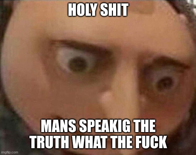 gru meme | HOLY SHIT MANS SPEAKIG THE TRUTH WHAT THE FUCK | image tagged in gru meme | made w/ Imgflip meme maker