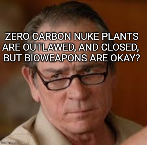 define the leading causes of war. | ZERO CARBON NUKE PLANTS
ARE OUTLAWED, AND CLOSED, 
BUT BIOWEAPONS ARE OKAY? | image tagged in my face when someone asks a stupid question | made w/ Imgflip meme maker