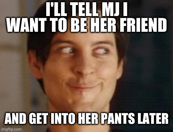 Spiderman Peter Parker Meme | I'LL TELL MJ I WANT TO BE HER FRIEND AND GET INTO HER PANTS LATER | image tagged in memes,spiderman peter parker | made w/ Imgflip meme maker