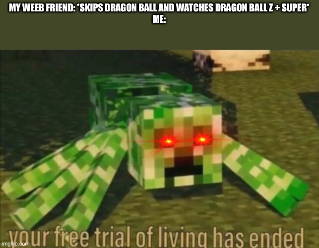 Your Free Trial of Living Has Ended |  MY WEEB FRIEND: *SKIPS DRAGON BALL AND WATCHES DRAGON BALL Z + SUPER*
ME: | image tagged in your free trial of living has ended | made w/ Imgflip meme maker