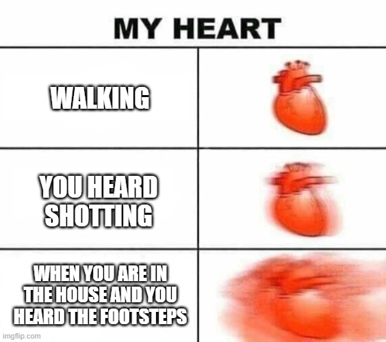 PUBG true | WALKING; YOU HEARD SHOTTING; WHEN YOU ARE IN THE HOUSE AND YOU HEARD THE FOOTSTEPS | image tagged in my heart blank | made w/ Imgflip meme maker