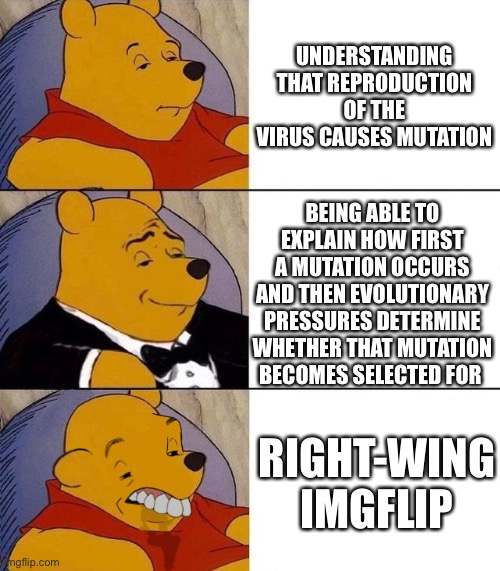 Best,Better, Blurst | UNDERSTANDING THAT REPRODUCTION OF THE VIRUS CAUSES MUTATION; BEING ABLE TO EXPLAIN HOW FIRST A MUTATION OCCURS AND THEN EVOLUTIONARY PRESSURES DETERMINE WHETHER THAT MUTATION BECOMES SELECTED FOR; RIGHT-WING IMGFLIP | image tagged in best better blurst | made w/ Imgflip meme maker