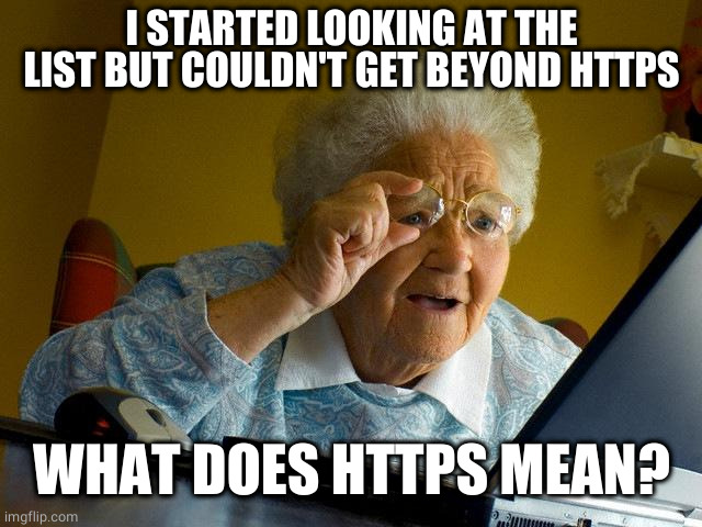 Grandma Finds The Internet Meme | I STARTED LOOKING AT THE LIST BUT COULDN'T GET BEYOND HTTPS WHAT DOES HTTPS MEAN? | image tagged in memes,grandma finds the internet | made w/ Imgflip meme maker