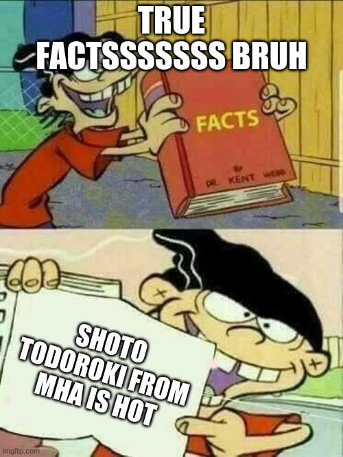 Double d facts book  | TRUE FACTSSSSSSS BRUH; SHOTO TODOROKI FROM MHA IS HOT | image tagged in double d facts book | made w/ Imgflip meme maker