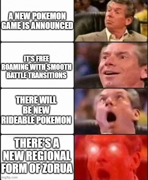 New Pokemon Game YES | A NEW POKEMON GAME IS ANNOUNCED; IT'S FREE ROAMING WITH SMOOTH BATTLE TRANSITIONS; THERE WILL BE NEW RIDEABLE POKEMON; THERE'S A NEW REGIONAL FORM OF ZORUA | image tagged in oh yeah,pokemon | made w/ Imgflip meme maker