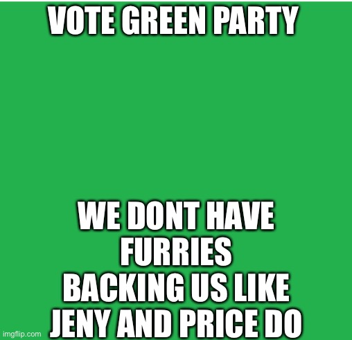 Green Screen | WE DONT HAVE FURRIES BACKING US LIKE JENY AND PRICE DO; VOTE GREEN PARTY | image tagged in green screen | made w/ Imgflip meme maker