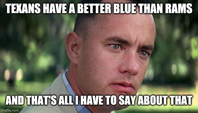 Forest Gump | TEXANS HAVE A BETTER BLUE THAN RAMS; AND THAT'S ALL I HAVE TO SAY ABOUT THAT | image tagged in forest gump | made w/ Imgflip meme maker