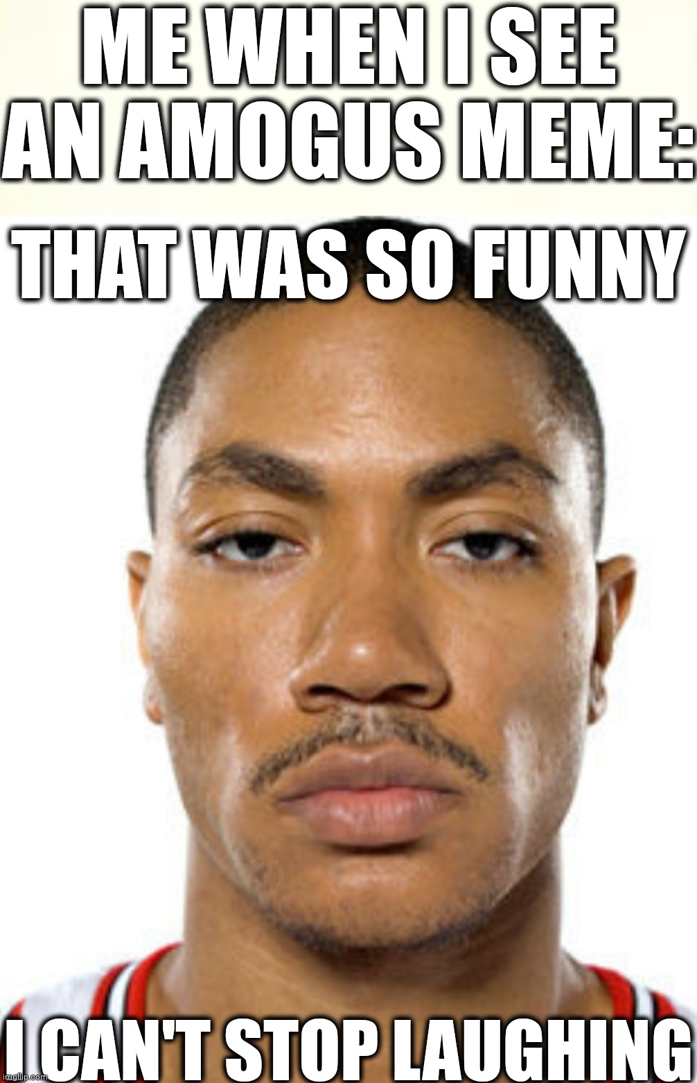 ME WHEN I SEE AN AMOGUS MEME:; THAT WAS SO FUNNY; I CAN'T STOP LAUGHING | image tagged in love,derrick rose straight face | made w/ Imgflip meme maker