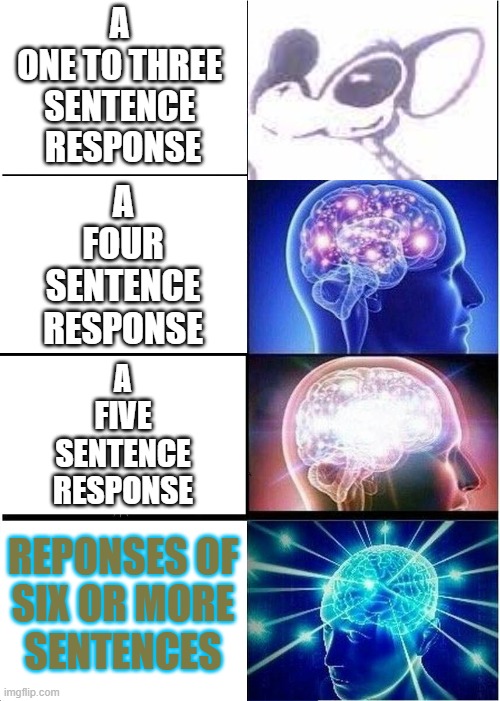 Short answer written response length | A 
ONE TO THREE 
SENTENCE 
RESPONSE; A
FOUR
SENTENCE
RESPONSE; A
FIVE
SENTENCE
RESPONSE; REPONSES OF
SIX OR MORE
SENTENCES | image tagged in memes,expanding brain,high school,middle school,class,homework | made w/ Imgflip meme maker
