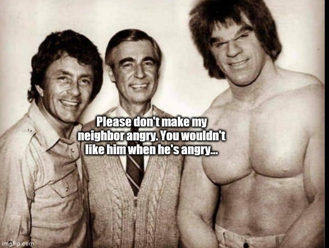Mr Hulk Rogers | Please don't make my neighbor angry. You wouldn't like him when he's angry... | image tagged in funny | made w/ Imgflip meme maker