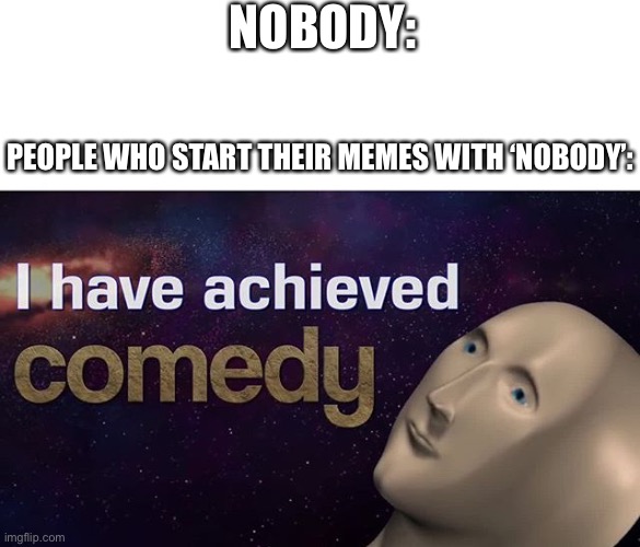 Somebody: |  NOBODY:; PEOPLE WHO START THEIR MEMES WITH ‘NOBODY’: | image tagged in i have achieved comedy,nobody | made w/ Imgflip meme maker