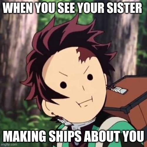 Demon Slayer Tanjiro face | WHEN YOU SEE YOUR SISTER; MAKING SHIPS ABOUT YOU | image tagged in demon slayer tanjiro face | made w/ Imgflip meme maker