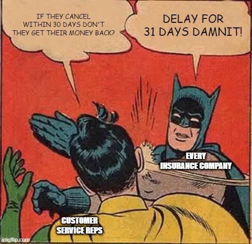 Insurance world memes | IF THEY CANCEL WITHIN 30 DAYS DON'T THEY GET THEIR MONEY BACK? DELAY FOR 31 DAYS DAMNIT! EVERY INSURANCE COMPANY; CUSTOMER SERVICE REPS | image tagged in memes,batman slapping robin | made w/ Imgflip meme maker