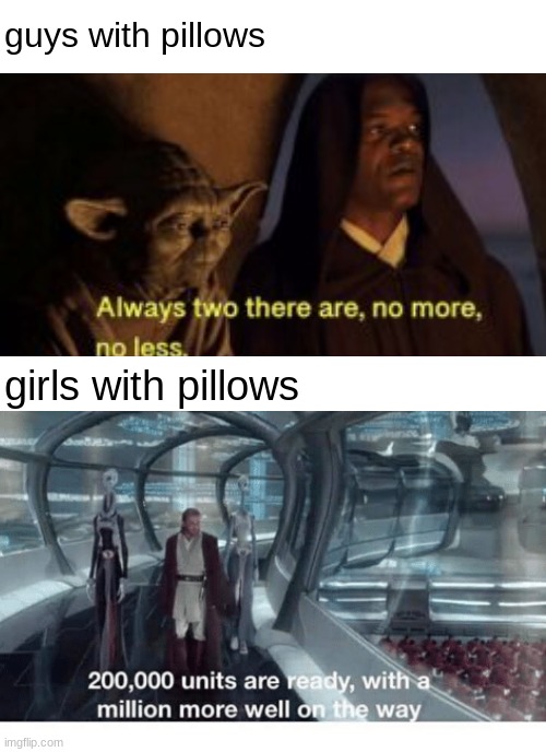 this is NOT a repost just a cool meme I saw on the internet | guys with pillows; girls with pillows | image tagged in memes,star wars,200000 units are ready with a million more well on the way,yoda,funny | made w/ Imgflip meme maker