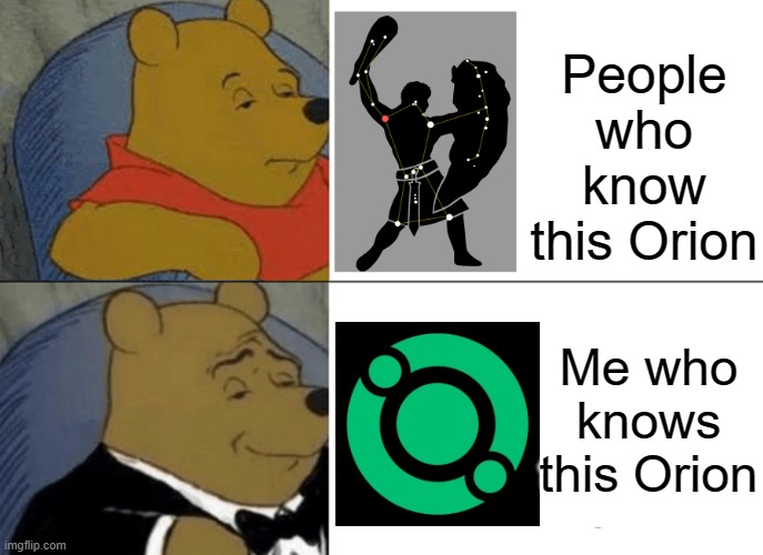 Tuxedo Winnie The Pooh Meme | People who know this Orion; Me who knows this Orion | image tagged in memes,tuxedo winnie the pooh | made w/ Imgflip meme maker