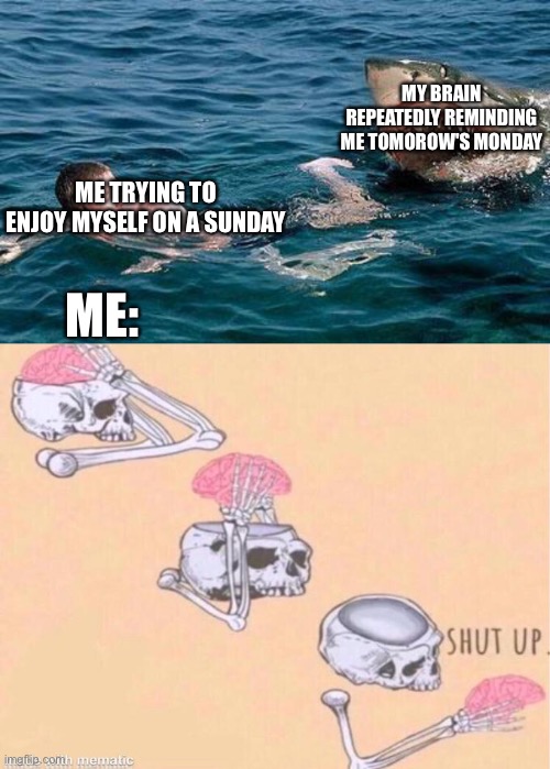 a late post. my brain was annoying me last weekend :/ |  MY BRAIN REPEATEDLY REMINDING ME TOMOROW'S MONDAY; ME TRYING TO ENJOY MYSELF ON A SUNDAY; ME: | image tagged in shark attack,skeleton shut up meme,memes,weekend,sunday,monday | made w/ Imgflip meme maker