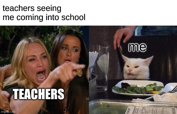 hi | teachers seeing me coming into school; me; TEACHERS | image tagged in memes,woman yelling at cat | made w/ Imgflip meme maker