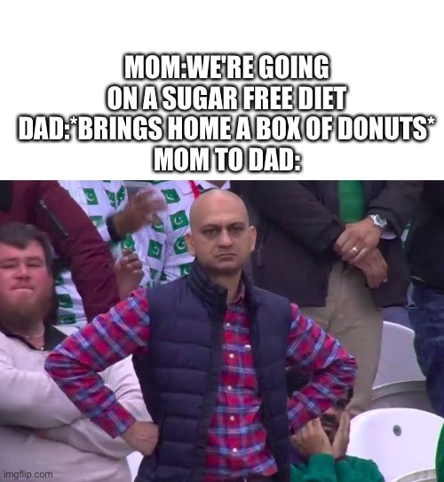 Disappointed mom |  MOM:WE'RE GOING ON A SUGAR FREE DIET
DAD:*BRINGS HOME A BOX OF DONUTS*
MOM TO DAD: | image tagged in blank white template,disappointed man,diet,upset mom,mom upset at dad,donuts | made w/ Imgflip meme maker