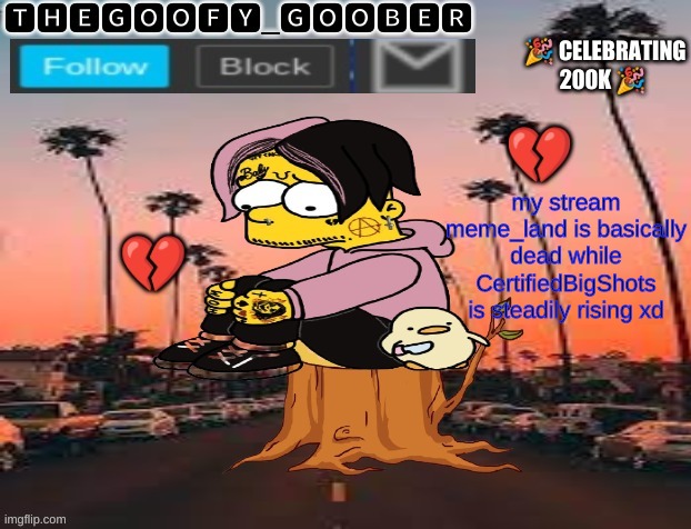 TheGoofy_Goober's announcement template | my stream meme_land is basically dead while CertifiedBigShots is steadily rising xd | image tagged in thegoofy_goober's announcement template,memes,imgflip | made w/ Imgflip meme maker