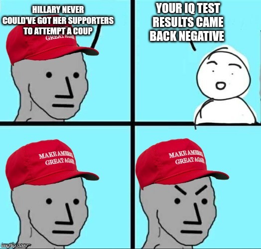 MAGA NPC (AN AN0NYM0US TEMPLATE) | YOUR IQ TEST RESULTS CAME BACK NEGATIVE; HILLARY NEVER COULD'VE GOT HER SUPPORTERS TO ATTEMPT A COUP | image tagged in maga npc an an0nym0us template | made w/ Imgflip meme maker