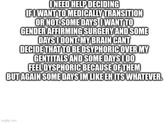 please help me decide | I NEED HELP DECIDING IF I WANT TO MEDICALLY TRANSITION OR NOT. SOME DAYS  I WANT TO GENDER AFFIRMING SURGERY AND SOME DAYS I DONT. MY BRAIN CANT DECIDE THAT TO BE DSYPHORIC OVER MY GENTITALS AND SOME DAYS I DO FEEL DYSPHORIC BECAUSE OF THEM BUT AGAIN SOME DAYS IM LIKE EH ITS WHATEVER. | image tagged in blank white template,lgbtq | made w/ Imgflip meme maker