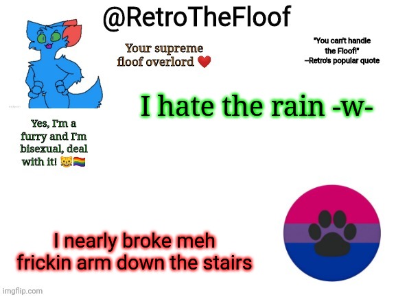 I can't feel my right side now | I hate the rain -w-; I nearly broke meh frickin arm down the stairs | image tagged in retrothefloof announcement template | made w/ Imgflip meme maker