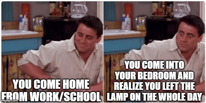 Happened to me today | YOU COME INTO YOUR BEDROOM AND REALIZE YOU LEFT THE LAMP ON THE WHOLE DAY; YOU COME HOME FROM WORK/SCHOOL | image tagged in joey from friends | made w/ Imgflip meme maker